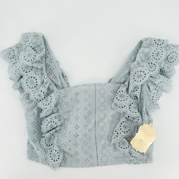 Altar'd State Moselle Blue Eyelet Ruffle Smocked Crop Coastal Cowgirl Medium Top - Picture 4 of 10